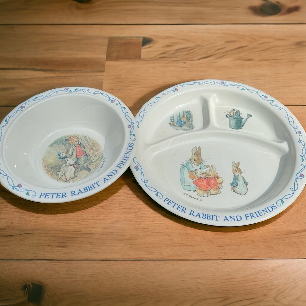Vintage Peter Rabbit and Friend melamine divided dish and bowl